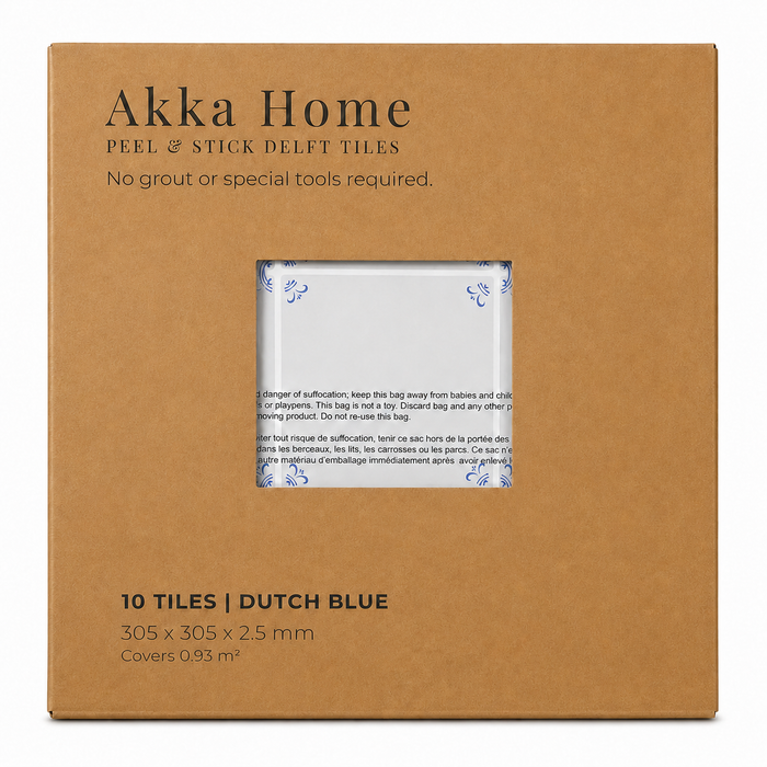 Akka Home peel and stick Delft tile box in Dutch Blue, 10 tiles 305 x 305 mm covering 0.93m², no grout required