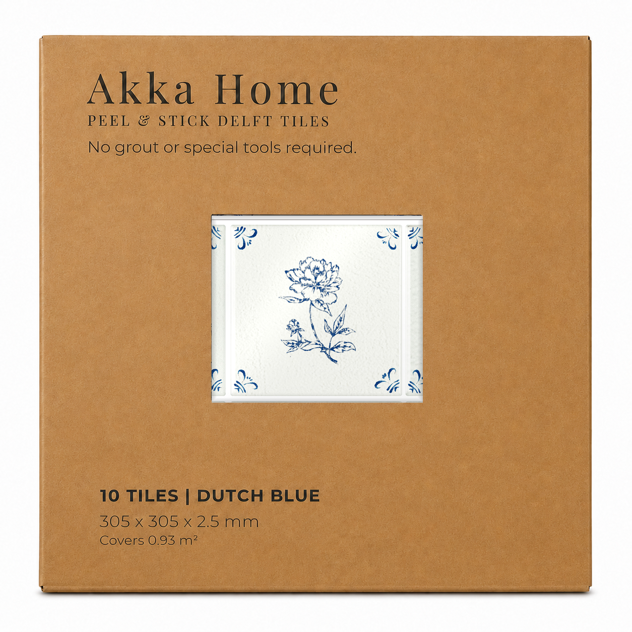 Akka Home Peel & Stick Delft Tiles Motif Box in Dutch Blue — box of 10 tiles with pre-printed hand-painted motifs, 305 x 305 mm, covers 0.93 m², no grout required
