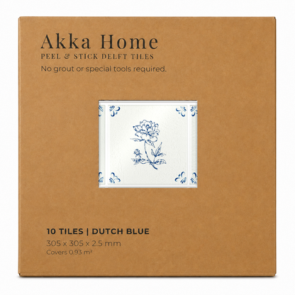 Akka Home Peel & Stick Delft Tiles Motif Box in Dutch Blue — box of 10 tiles with pre-printed hand-painted motifs, 305 x 305 mm, covers 0.93 m², no grout required