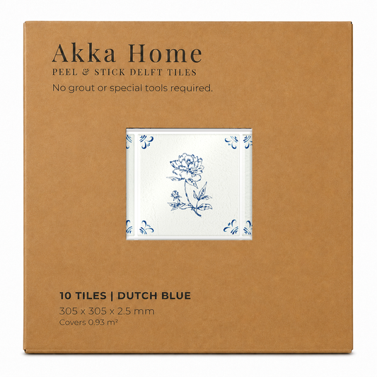 Akka Home Peel & Stick Delft Tiles Motif Box in Dutch Blue — box of 10 tiles with pre-printed hand-painted motifs, 305 x 305 mm, covers 0.93 m², no grout required