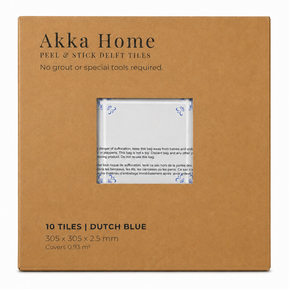Akka Home peel and stick Delft tile box in Dutch Blue, 10 tiles 305 x 305 mm covering 0.93m², no grout required