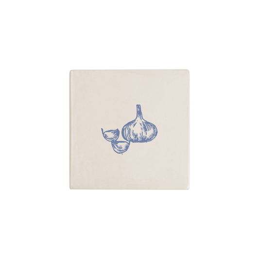 Garlic Delft tile in blue, painted without the corner ornament, by Akka Home