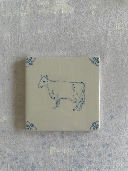 Cow hand-painted Delft tile, studio second, by Akka Home