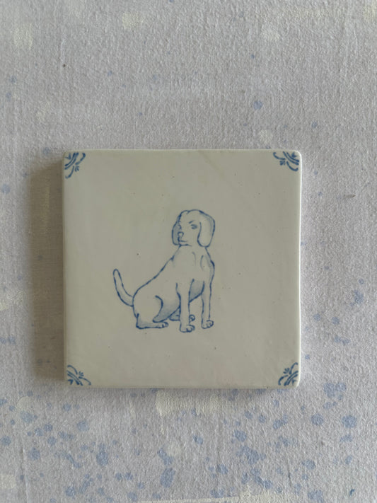 Dog hand-painted Delft tile, studio second, by Akka Home
