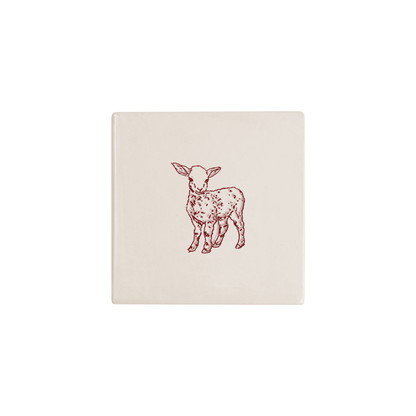Lamb Delft tile in red, painted without the corner ornament, by Akka Home